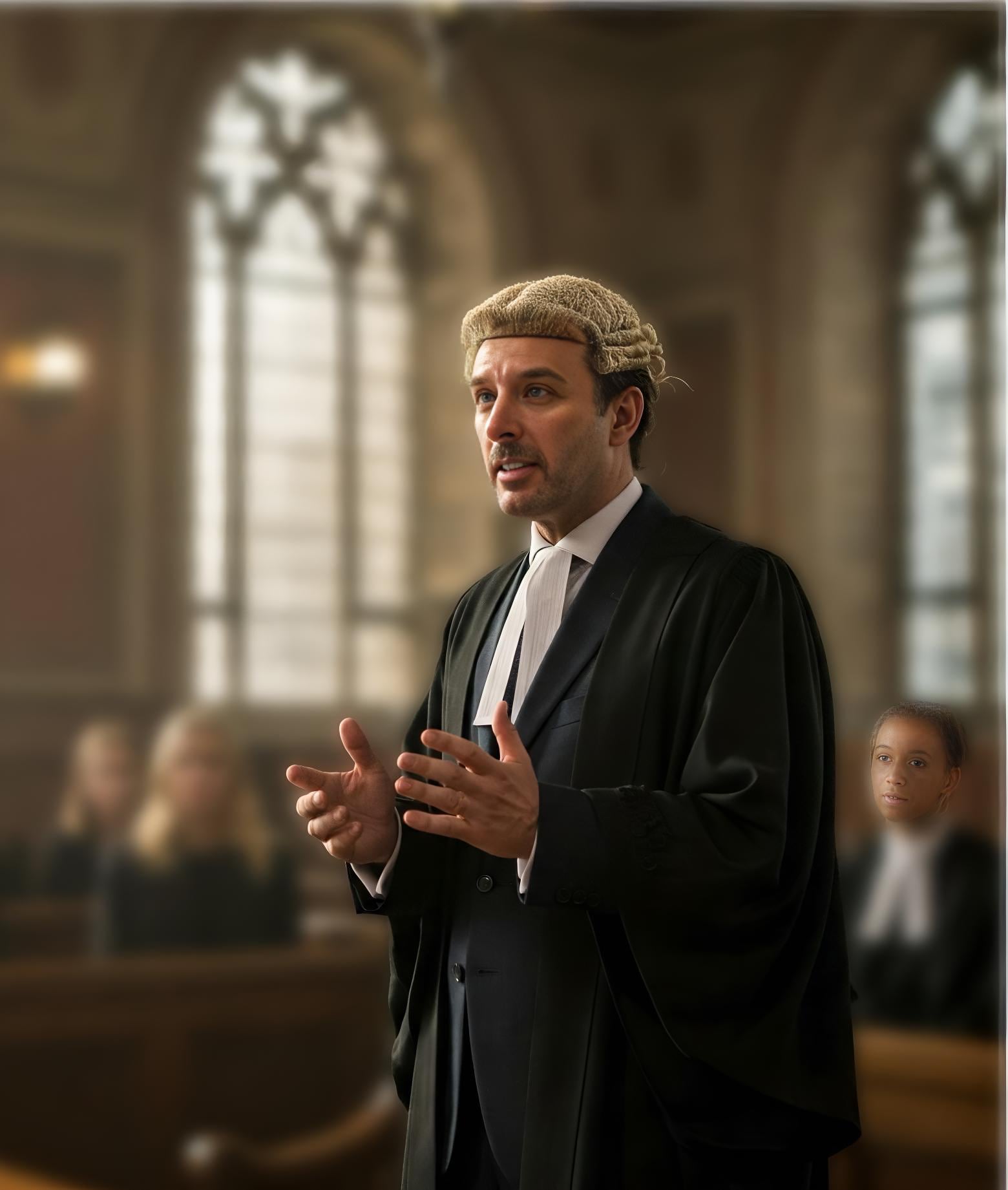 Barrister making legal argument in court room; he is wearing a wig and gown